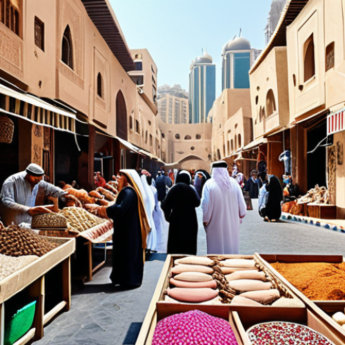 Home 11 **
A vibrant marketplace scene filled with traditional Arab crafts, artisans demonstrating their skills, and people interacting. In the background, modern city buildings rise, symbolizing the integration of tradition and progress. The overall atmosphere should be colorful and energetic, showcasing the value of preserving local cultural heritage in a rapidly developing urban environment.
**