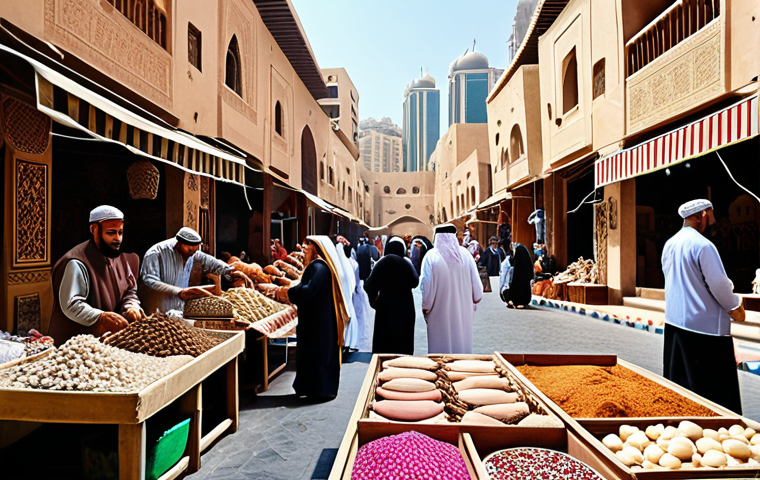 **
A vibrant marketplace scene filled with traditional Arab crafts, artisans demonstrating their skills, and people interacting. In the background, modern city buildings rise, symbolizing the integration of tradition and progress. The overall atmosphere should be colorful and energetic, showcasing the value of preserving local cultural heritage in a rapidly developing urban environment.
**