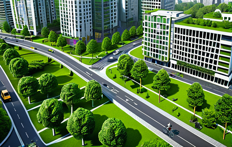 워커블 시티 디자인에서의 에너지 효율성 - Green Urban Planning**
"A vibrant cityscape with lush green spaces integrated into the architecture...