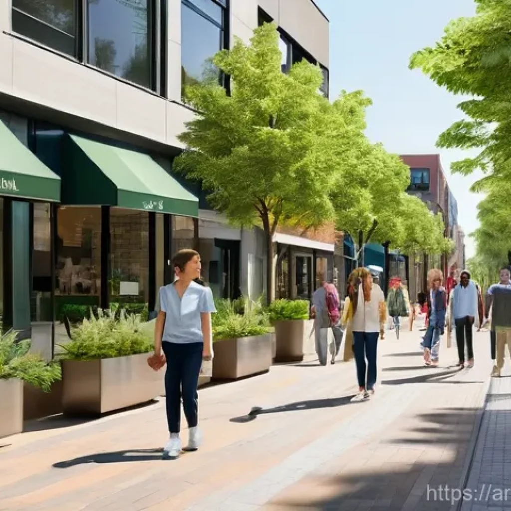 워커블 시티 디자인을 위한 정책 제안 - "A vibrant, bustling pedestrian street in a modern city, designed for walkability and community. The...
