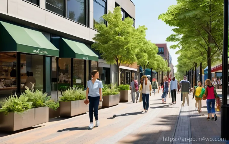워커블 시티 디자인을 위한 정책 제안 - "A vibrant, bustling pedestrian street in a modern city, designed for walkability and community. The...