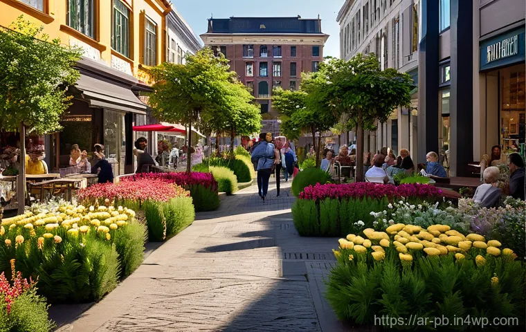 워커블 시티 디자인을 위한 정책 제안 - "A vibrant, bustling pedestrian street in a modern city, designed for walkability and community. The...