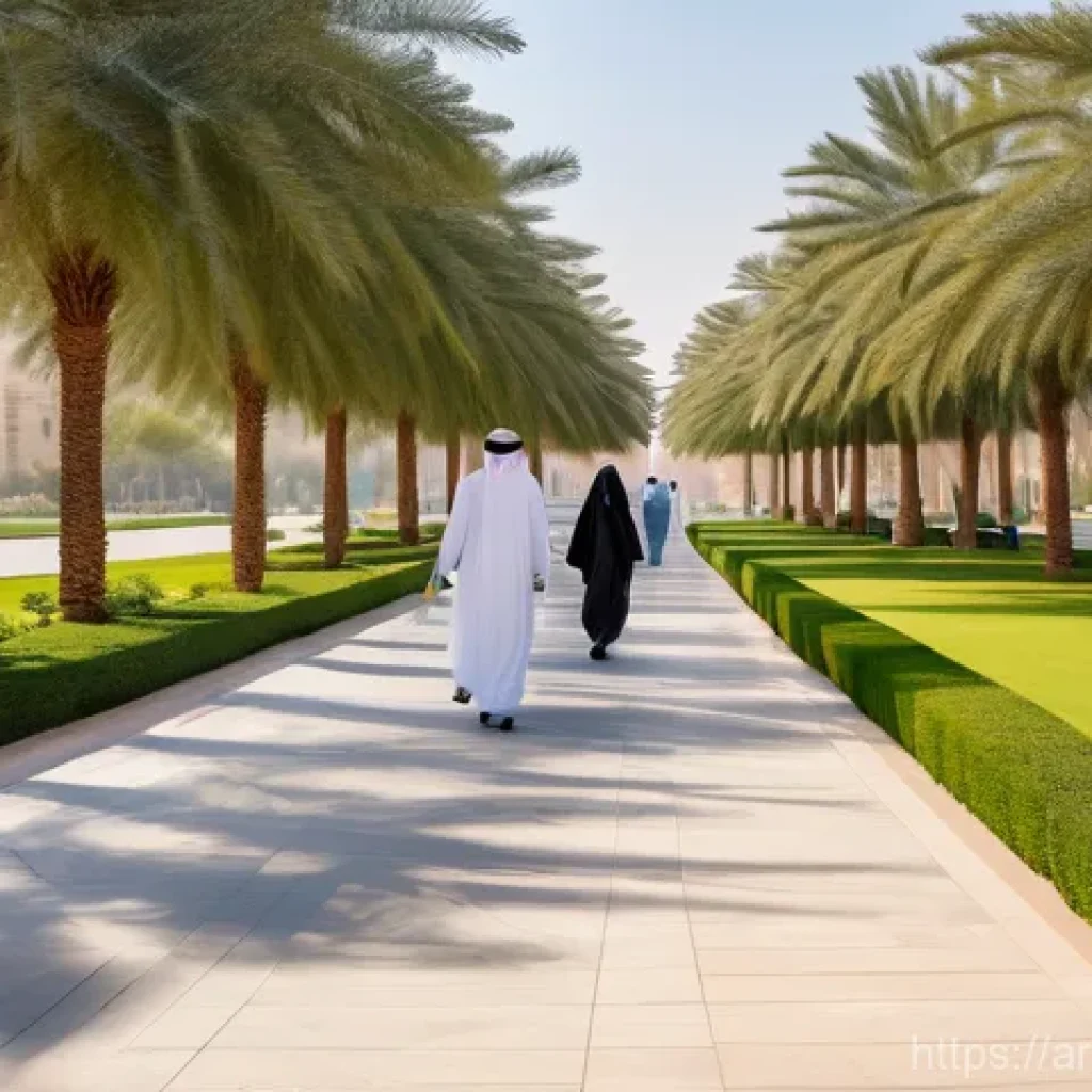 워커블 시티에서의 친환경적 이동 수단 - A Serene Morning Walk in a Modern Arabian City Park**
"A wide-angle, photorealistic image depicting...