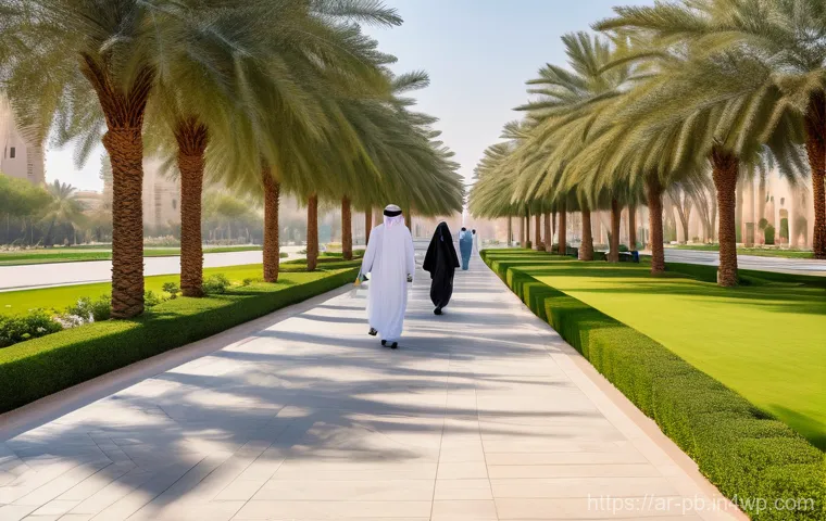 워커블 시티에서의 친환경적 이동 수단 - A Serene Morning Walk in a Modern Arabian City Park**
"A wide-angle, photorealistic image depicting...