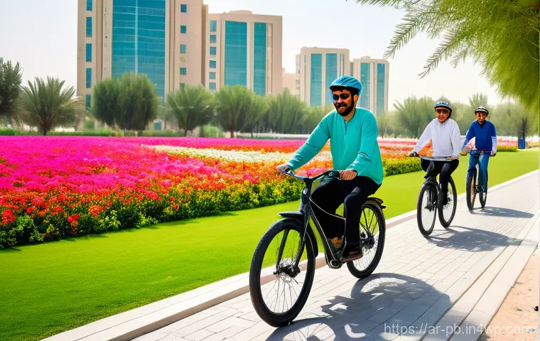 워커블 시티에서의 친환경적 이동 수단 - A Serene Morning Walk in a Modern Arabian City Park**

"A wide-angle, photorealistic image depicting...
