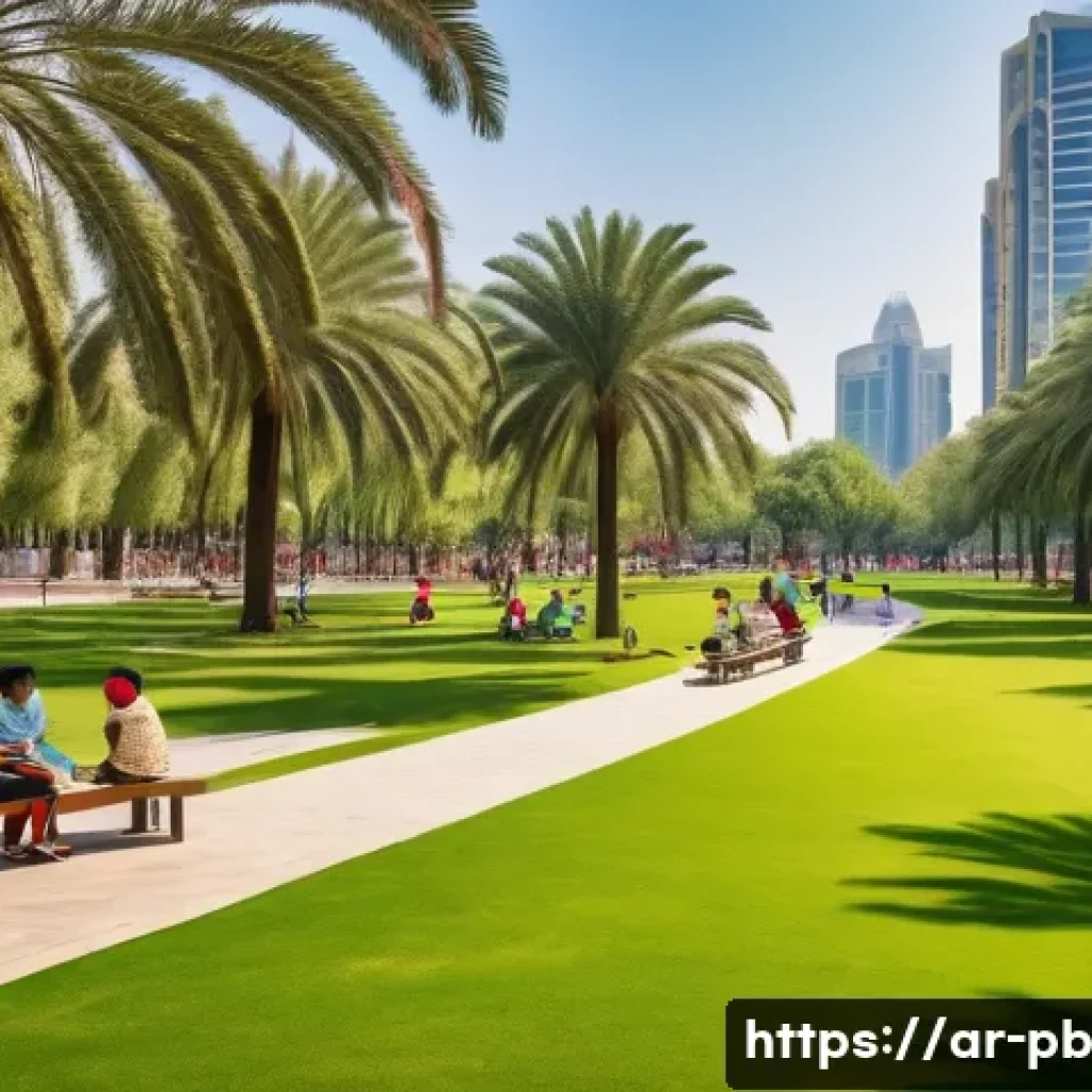 워커블 시티의 생태계 보존 방안 - A vibrant, modern city park bathed in warm sunlight, reminiscent of Dubai's green initiatives. The p...