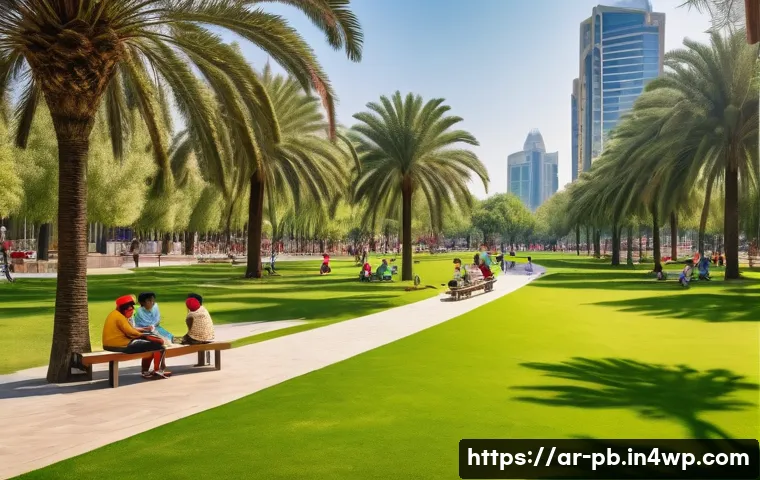 워커블 시티의 생태계 보존 방안 - A vibrant, modern city park bathed in warm sunlight, reminiscent of Dubai's green initiatives. The p...