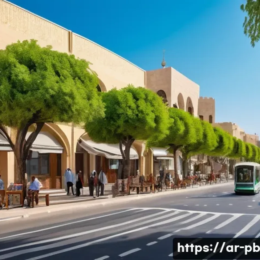 워커블 시티에서의 보행자 친화적 디자인 - A vibrant urban street scene in a Middle Eastern city during a sunny day, featuring wide sidewalks l...