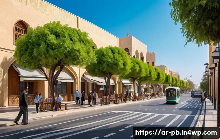 워커블 시티에서의 보행자 친화적 디자인 - A vibrant urban street scene in a Middle Eastern city during a sunny day, featuring wide sidewalks l...