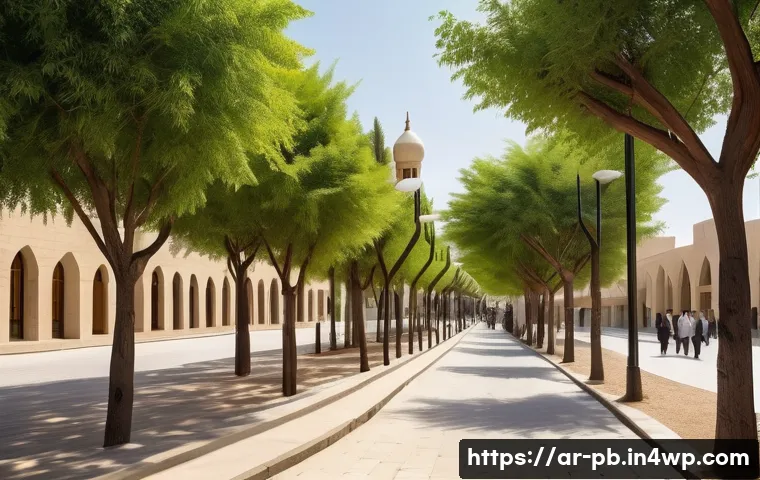 워커블 시티 디자인의 체계적 접근법 - A wide urban sidewalk in a modern Middle Eastern city during a bright sunny day, featuring light-col...