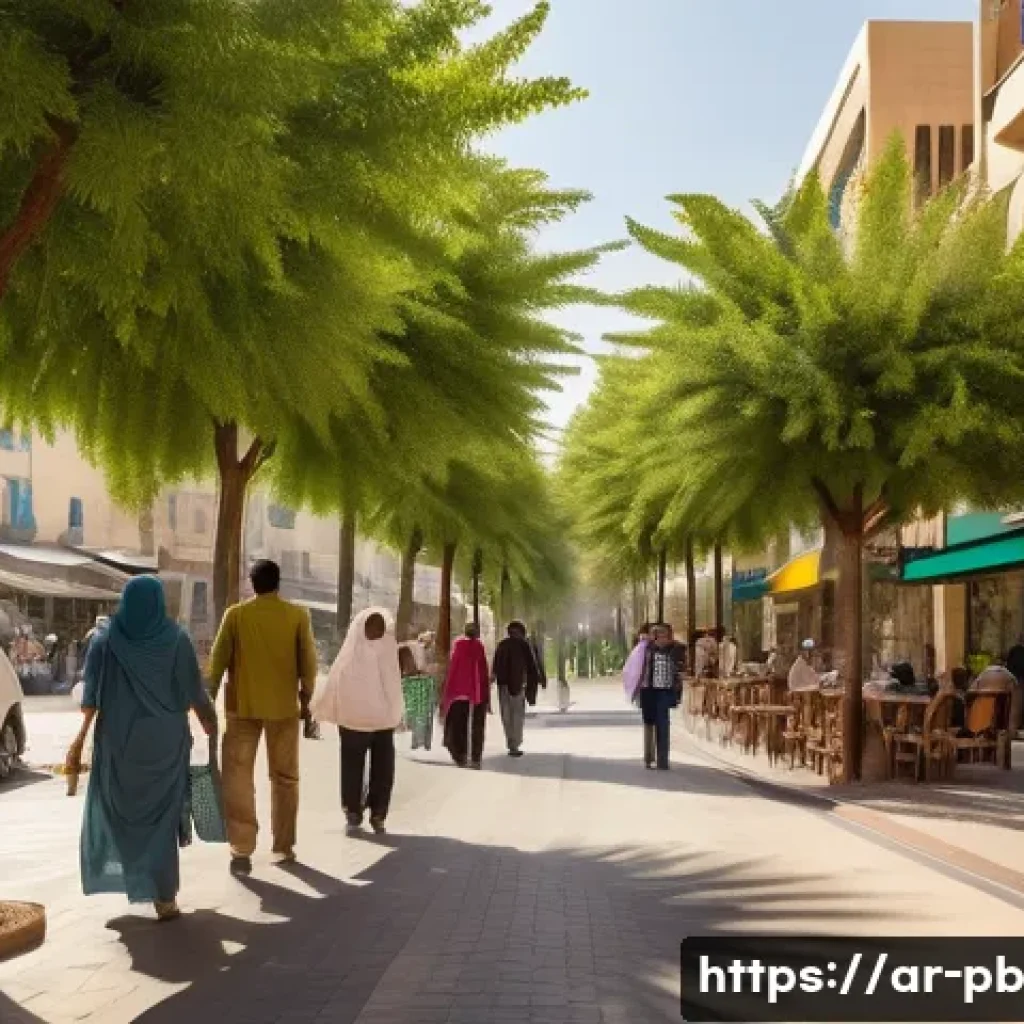 워커블 시티 디자인의 경제적 효과 분석 - A vibrant urban street scene in a Middle Eastern city designed for pedestrians, featuring wide, obst...