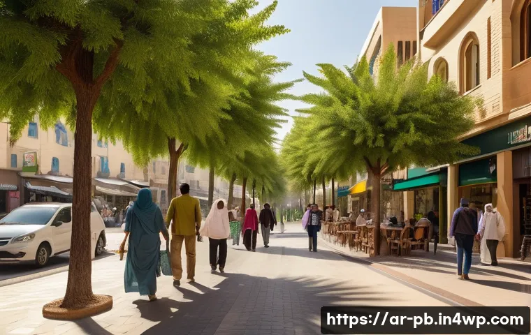 워커블 시티 디자인의 경제적 효과 분석 - A vibrant urban street scene in a Middle Eastern city designed for pedestrians, featuring wide, obst...