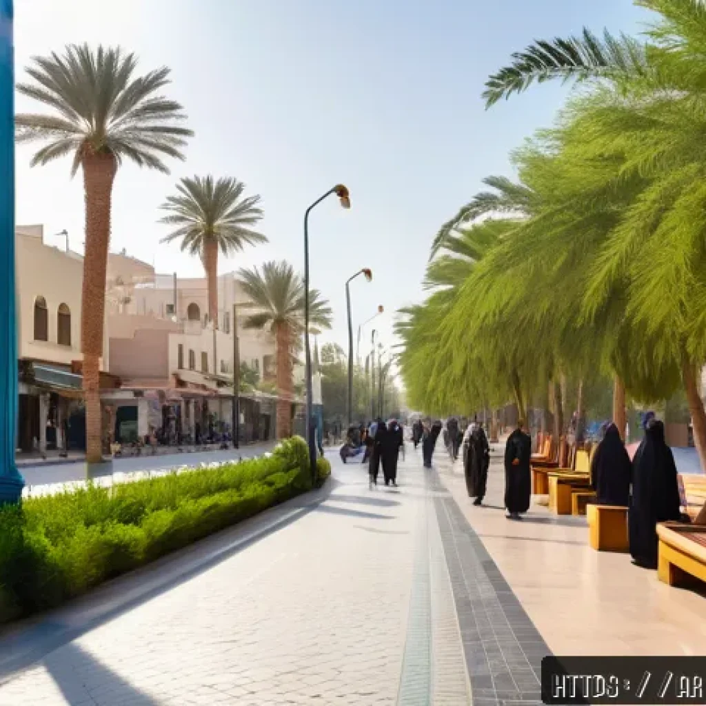 워커블 시티와 안전한 환경 조성 - A vibrant urban street scene in a modern Middle Eastern city during late afternoon, showcasing wide,...