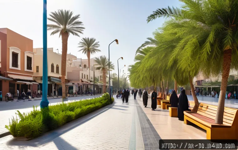 워커블 시티와 안전한 환경 조성 - A vibrant urban street scene in a modern Middle Eastern city during late afternoon, showcasing wide,...