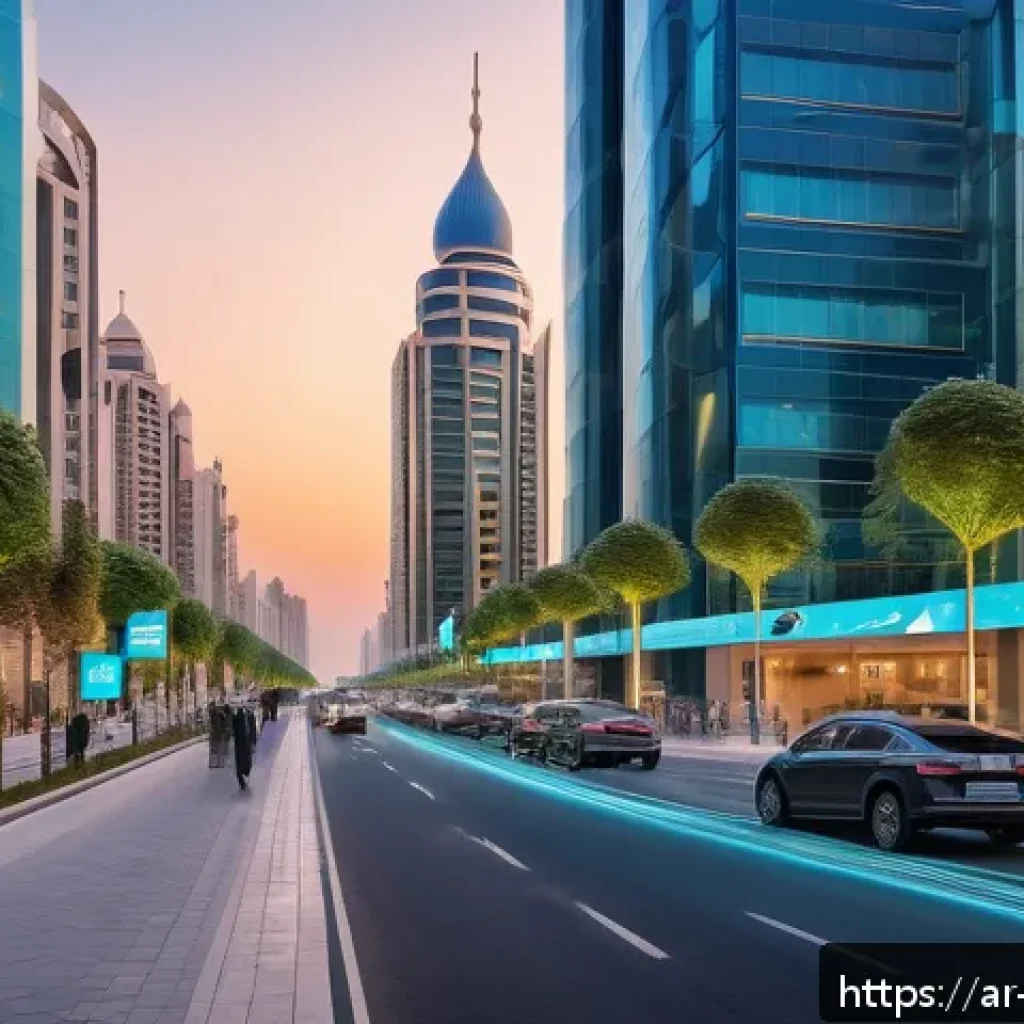 도시 내 다양한 기능의 통합 설계 - A futuristic smart city street scene at dusk in an Arab metropolis, showcasing advanced 5G communica...