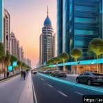 Home 21 도시 내 다양한 기능의 통합 설계 - A futuristic smart city street scene at dusk in an Arab metropolis, showcasing advanced 5G communica...