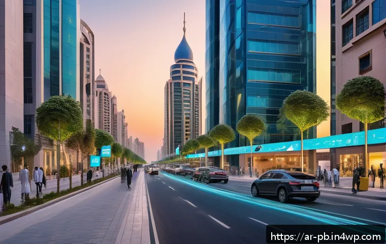 도시 내 다양한 기능의 통합 설계 - A futuristic smart city street scene at dusk in an Arab metropolis, showcasing advanced 5G communica...