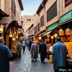 Home 20 워커블 시티의 역사적 사례 분석 - A bustling traditional Moroccan medina street scene in Fes, featuring narrow, winding alleys lined w...
