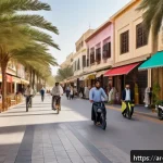 Home 18 워커블 시티에서의 시민 인식 변화 - A vibrant urban pedestrian street scene in a modern Arab city during the late afternoon, featuring w...