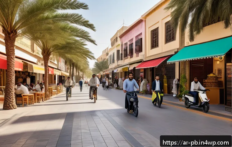 워커블 시티에서의 시민 인식 변화 - A vibrant urban pedestrian street scene in a modern Arab city during the late afternoon, featuring w...