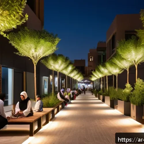 Home 17 워커블 시티에서의 공공 공간 활용법 - A vibrant urban street scene in a modern Middle Eastern city featuring comfortable shaded seating ar...