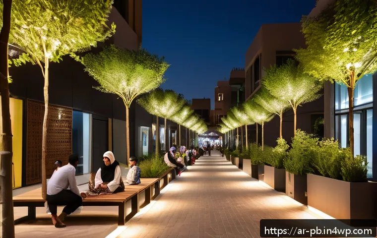 워커블 시티에서의 공공 공간 활용법 - A vibrant urban street scene in a modern Middle Eastern city featuring comfortable shaded seating ar...